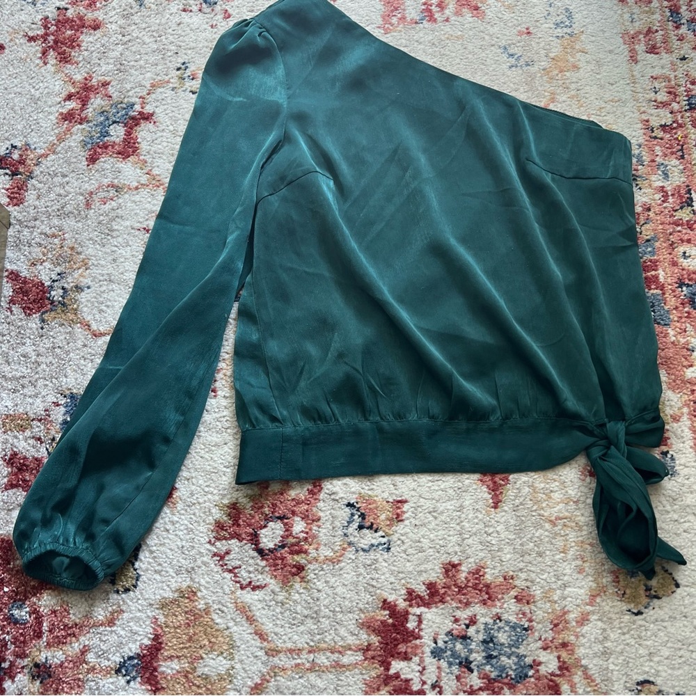 Satin off the shoulder green top with tie waist detail